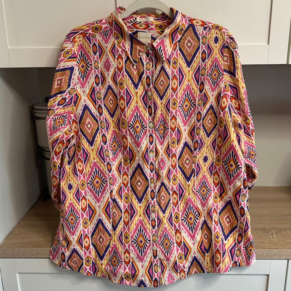 Chico's 100% Linen No-Iron Shirt Womens 2 Southwestern Button Up Aztec Boho‎
